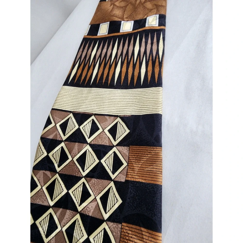 Coral Mens Silk Necktie Brown Black Cream Geometric Abstract Pattern Wide Tie